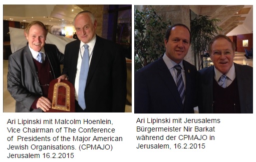 Ari Lipinski mit Nir Barkat BM Jerusalem und Malcolm Hoenlein Vice Chairman CPMAJO in Jerusalem 16.2.2015